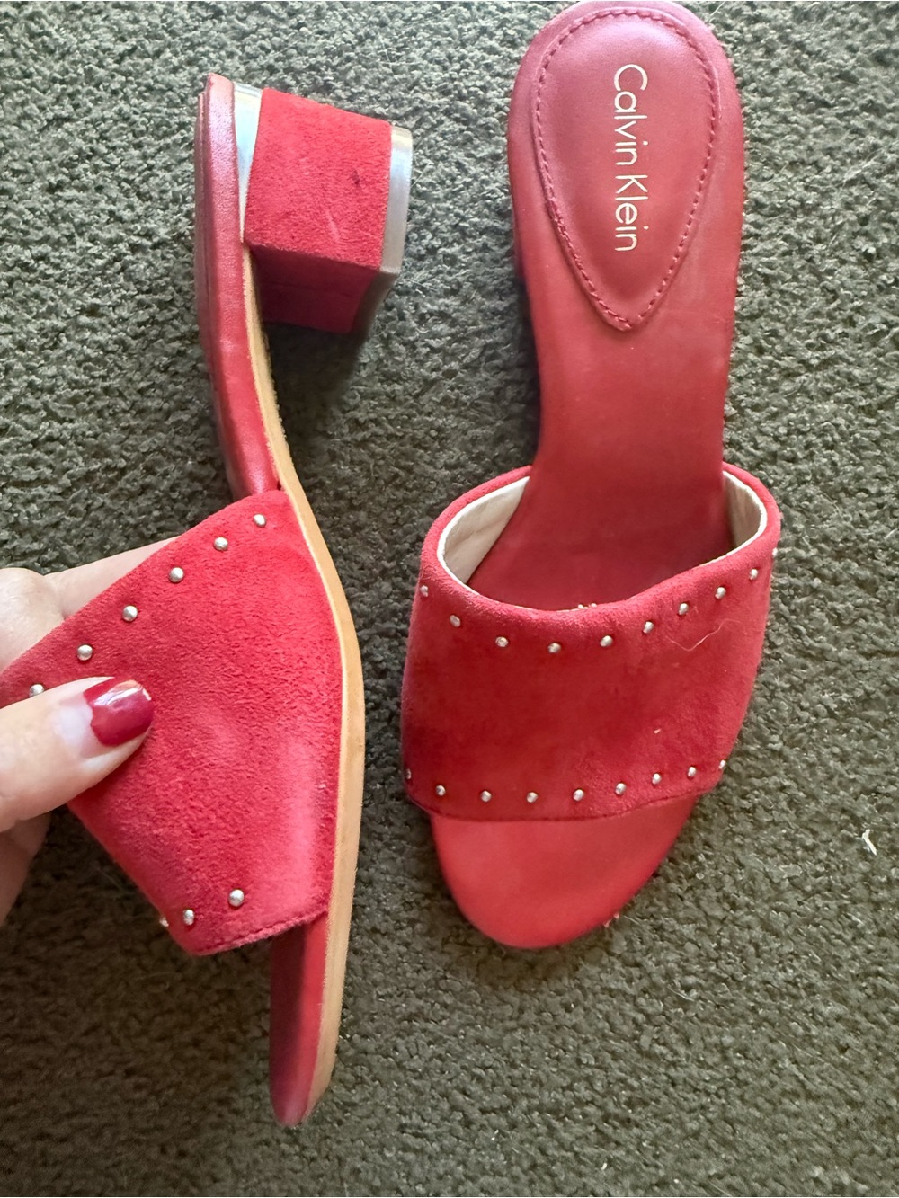 Calvin Klein Red Suede Slide Mules with Silver Studs - Picture 2 of 5